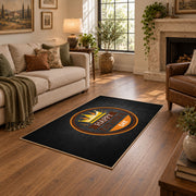 black and orange vintage sports badge design area rug, ornamental detail view