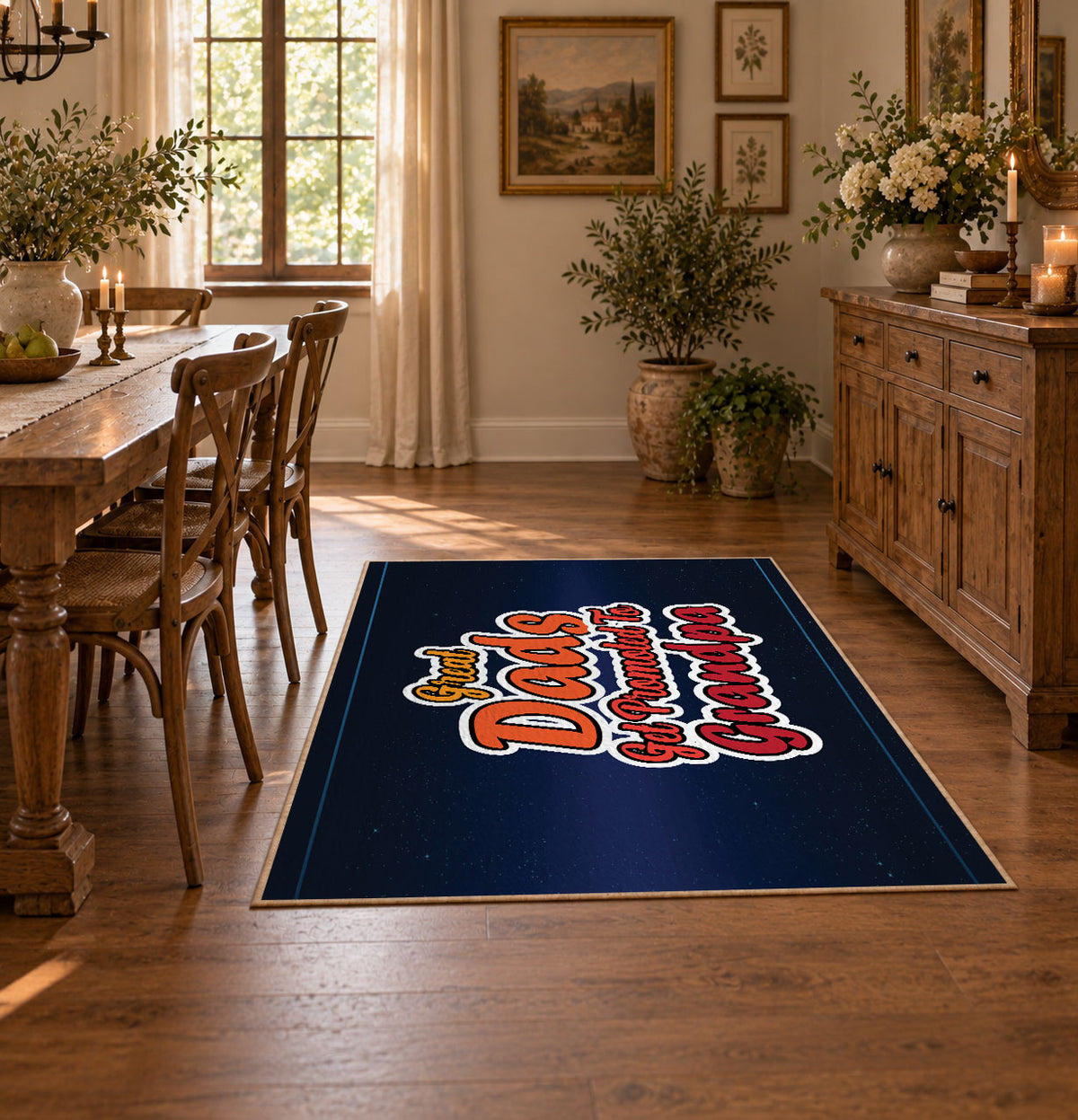 navy and red basketball typography design area rug, warm living room view