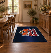 navy and red basketball typography design area rug, warm living room view