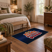 navy and red basketball typography design area rug, cozy home setting
