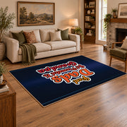 navy and red basketball typography design area rug, angled room view