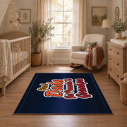 navy and red basketball typography design area rug, full pattern view
