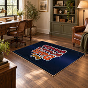 navy and red basketball typography design area rug, wood floor styling