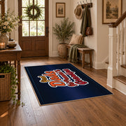 navy and red basketball typography design area rug, close decorative detail