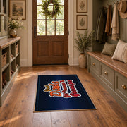 navy and red basketball typography design area rug, front room mockup