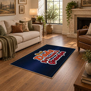 navy and red basketball typography design area rug, ornamental detail view