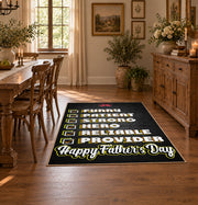 black and green sports strategy typography area rug, warm living room view