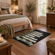 black and green sports strategy typography area rug, cozy home setting