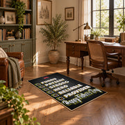 black and green sports strategy typography area rug, complete product view