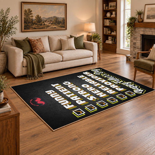 black and green sports strategy typography area rug, angled room view