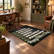 black and green sports strategy typography area rug, wood floor styling