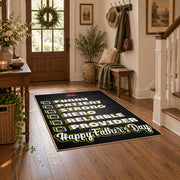 black and green sports strategy typography area rug, close decorative detail