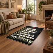 black and green sports strategy typography area rug, ornamental detail view