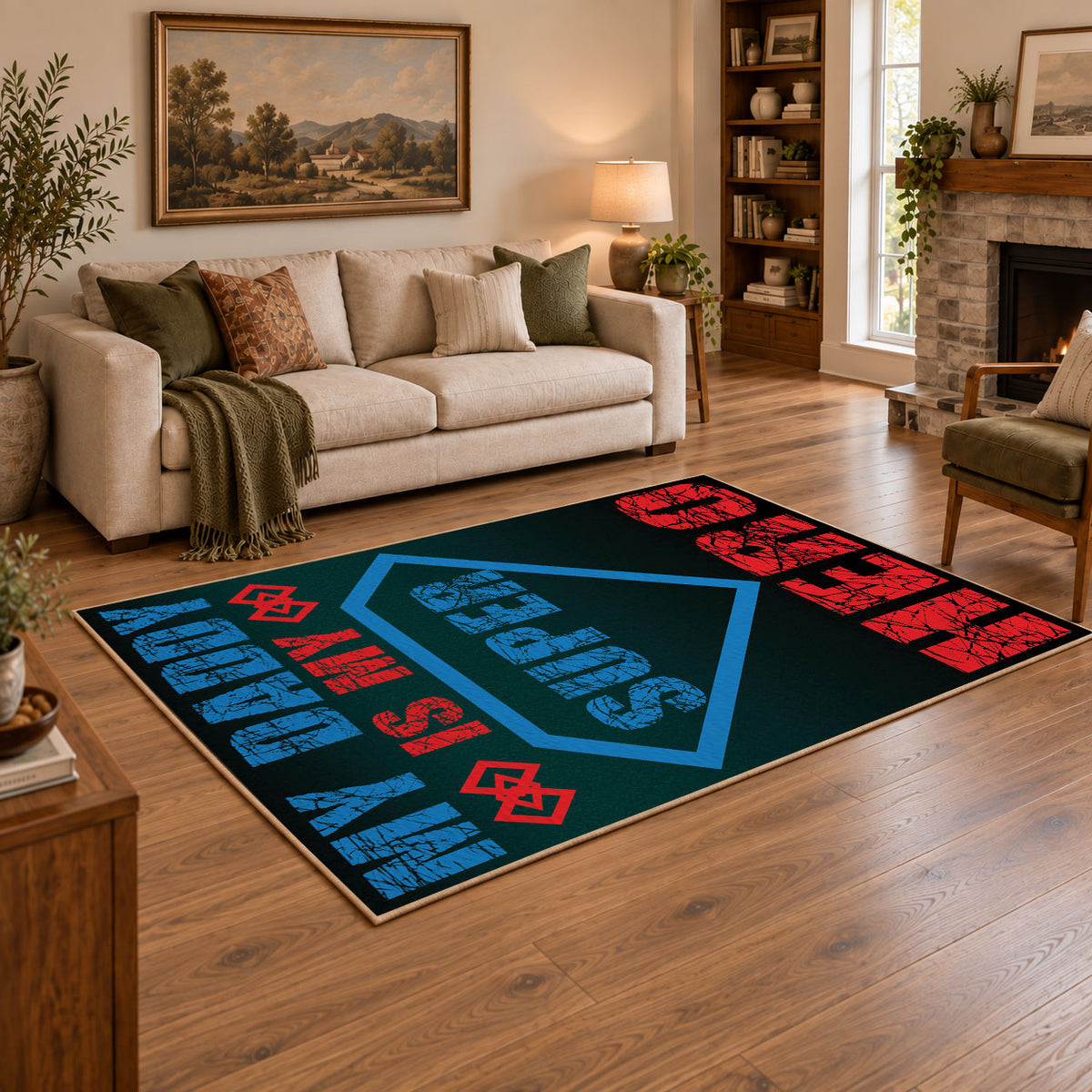 black red and teal retro sports typography area rug, warm living room view