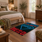 black red and teal retro sports typography area rug, cozy home setting