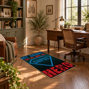 black red and teal retro sports typography area rug, complete product view