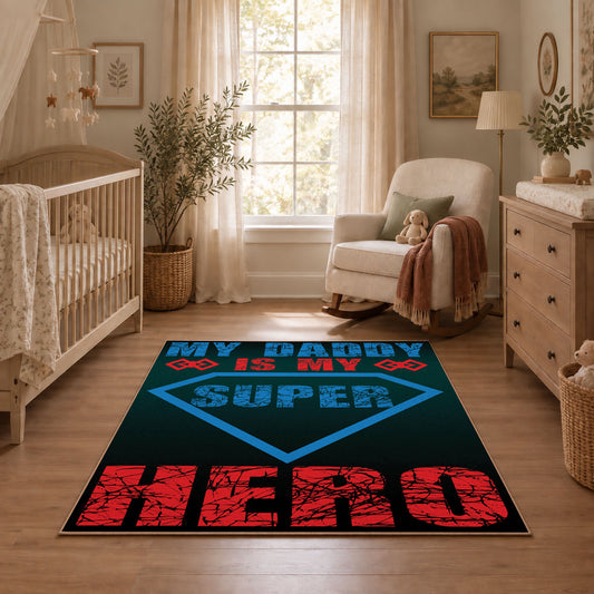 black red and teal retro sports typography area rug, angled room view