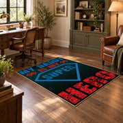 black red and teal retro sports typography area rug, soft surface detail