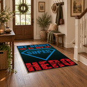 black red and teal retro sports typography area rug, wood floor styling