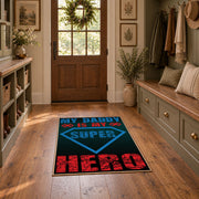 black red and teal retro sports typography area rug, front room mockup