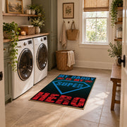 black red and teal retro sports typography area rug, wide interior view