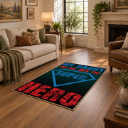 black red and teal retro sports typography area rug, ornamental detail view