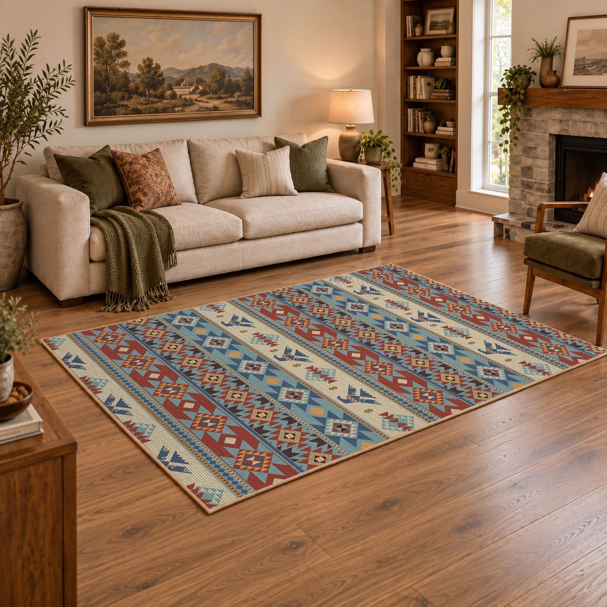 orange and blue distressed tribal pattern area rug, warm living room view