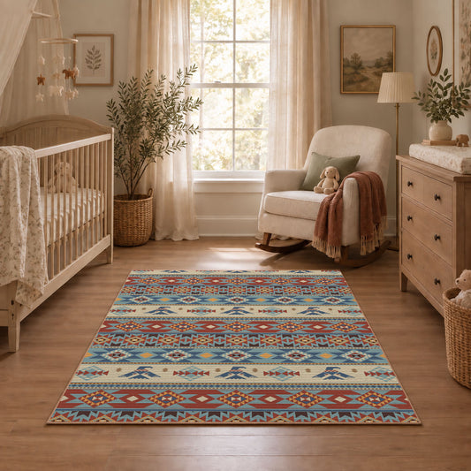 orange and blue distressed tribal pattern area rug, angled room view