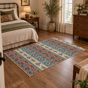 orange and blue distressed tribal pattern area rug, full pattern view