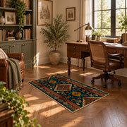 dark teal and orange tribal geometric pattern area rug, complete product view