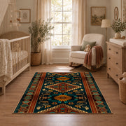 dark teal and orange tribal geometric pattern area rug, full pattern view