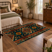 dark teal and orange tribal geometric pattern area rug, soft surface detail
