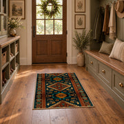 dark teal and orange tribal geometric pattern area rug, front room mockup