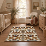 cream and brown floral mosaic tile pattern area rug, warm living room view