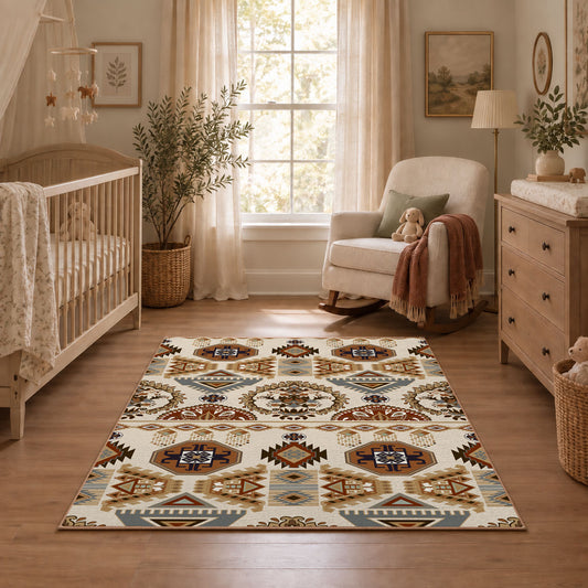 cream and brown floral mosaic tile pattern area rug, warm living room view