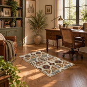 cream and brown floral mosaic tile pattern area rug, complete product view