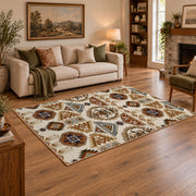 cream and brown floral mosaic tile pattern area rug, angled room view