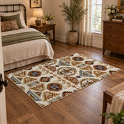 cream and brown floral mosaic tile pattern area rug, full pattern view