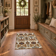 cream and brown floral mosaic tile pattern area rug, front room mockup