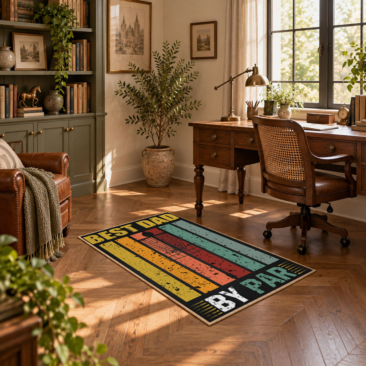 black and gold retro father quote typography area rug, warm living room view