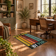 black and gold retro father quote typography area rug, warm living room view