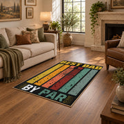 black and gold retro father quote typography area rug, cozy home setting