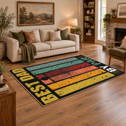 black and gold retro father quote typography area rug, angled room view