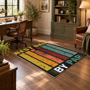 black and gold retro father quote typography area rug, wood floor styling