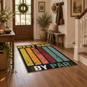 black and gold retro father quote typography area rug, close decorative detail