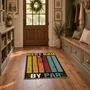 black and gold retro father quote typography area rug, wide interior view