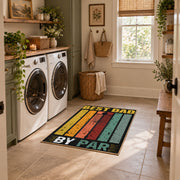 black and gold retro father quote typography area rug, ornamental detail view