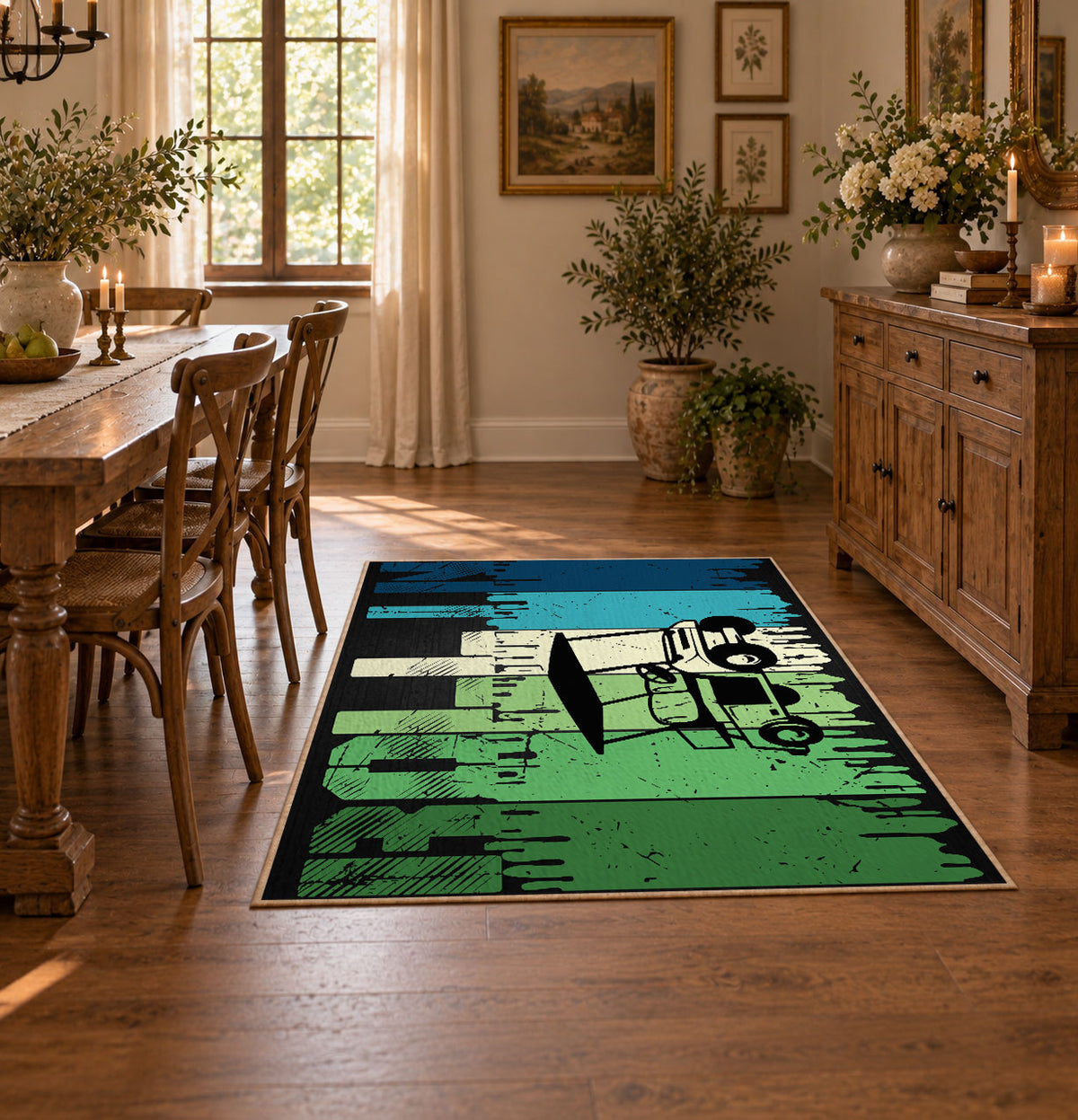 green and black retro athlete graphic area rug, warm living room view