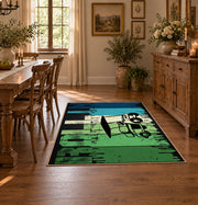 green and black retro athlete graphic area rug, warm living room view