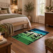 green and black retro athlete graphic area rug, cozy home setting